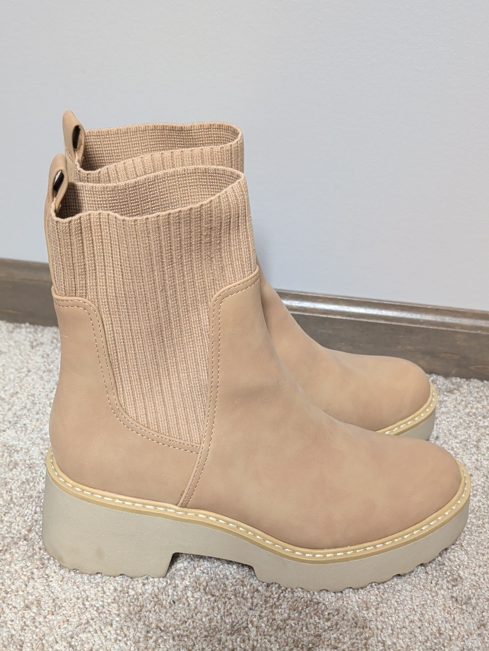 DV by Dolce Vita Tan Knit-Panel Platform Chelsea Booties
